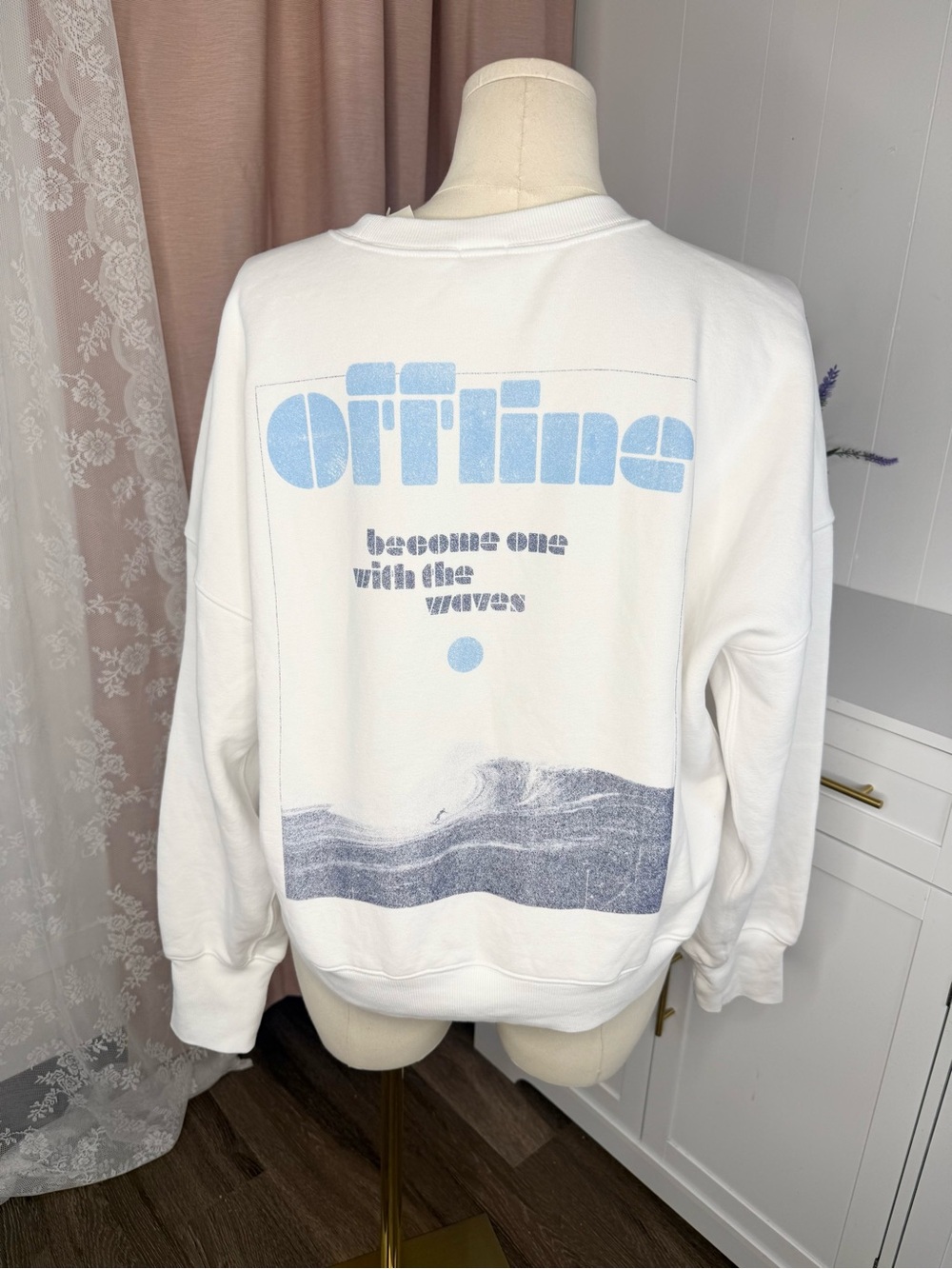 OFFLINE cloud fleece Classic White Crewneck Blue Wave Print BIN/C